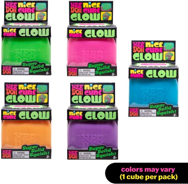 Schylling NeeDoh Nice Cube Glow - Squeeze Toy with a Super Solid Squish - Glows in The Dark - 2.25 Cube - Color May Vary (Pack of 1)